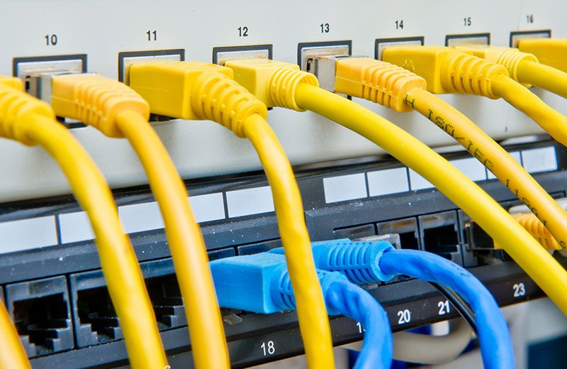 Patchfeld mit gelben und blauen Netzwerkkabeln